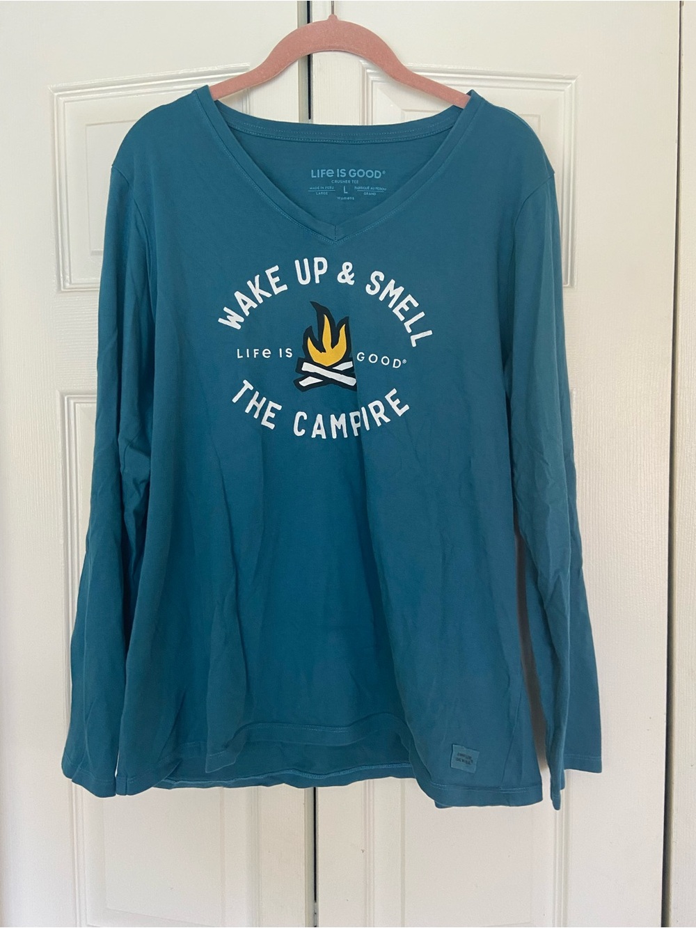 Life Is Good Teal V-Neck Long-Sleeve Tee with Campfire Graphic